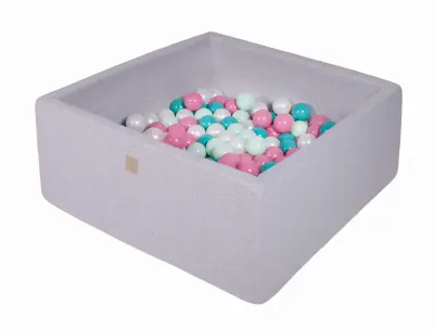 MeowBaby® Square Ball Pool, 90x90x40 cm s 300 žogicami, bombaž, svetlo siva: biserna/svetlo roza/turkizna/mint