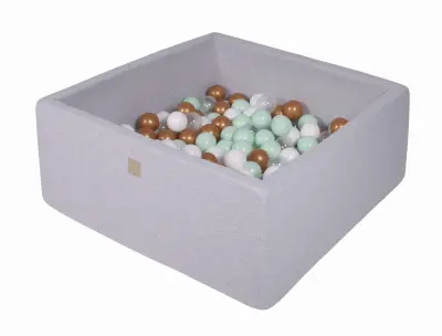 MeowBaby® Square Ball Pool, 90x90x40 cm z 200 žogicami, bombaž, svetlo siva: bela/zlata/prozorna/kovnica