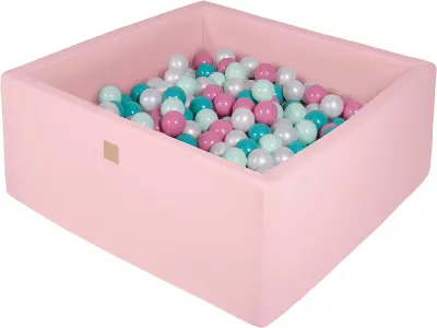 MeowBaby® Square Ball Pool, 90x90x40 cm s 300 žogami, bombaž, roza: biserna/turkizna/roza/mint