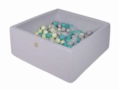 MeowBaby® Square Ball Pool, 90x90x40 cm z 200 žogami, bombaž, svetlo siva: turkizna/svetlo zelena/siva/prozorna