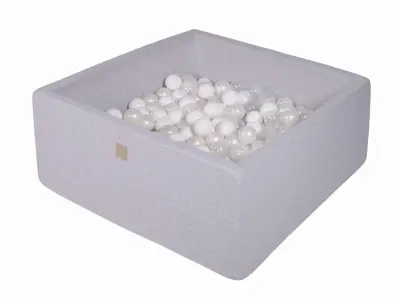 MeowBaby® Square Ball Pool, 90x90x40 cm s 300 žogami, bombaž, svetlo siva: bela/biserno bela/prozorna