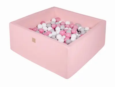 MeowBaby® Square Ball Pool, 90x90x40 cm s 300 žogami, bombaž, roza: siva/bela/svetlo roza