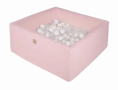 MeowBaby® Square Ball Pool, 90x90x40 cm z 200 žogami, bombaž, roza: bela/prozorna/biserno bela