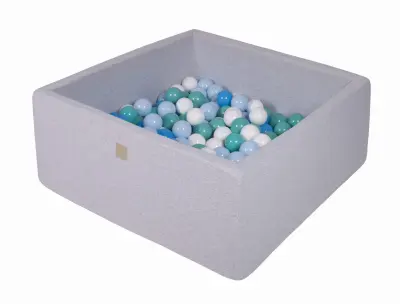 MeowBaby® Square Ball Pool, 90x90x40 cm s 300 žogami, bombaž, svetlo siva: bela/modra/turkizna/otroško modra