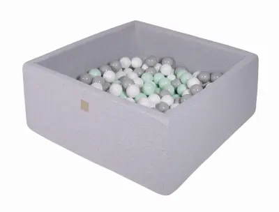 MeowBaby® Square Ball Pool, 90x90x40 cm s 300 žogami, bombaž, svetlo siva: modra/prozorna/otroško modra/srebrna