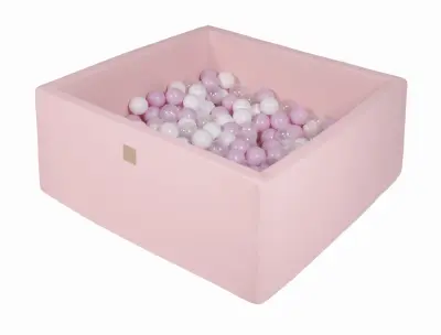 MeowBaby® Square Ball Pool, 90x90x40 cm s 300 žogami, bombaž, roza: bela/pastelno roza/prozoren