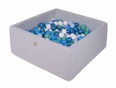 MeowBaby® Square Ball Pool, 90x90x40 cm s 300 žogami, bombaž, svetlo siva: nebesno modra/modra/turkizna/bela/biserno modra