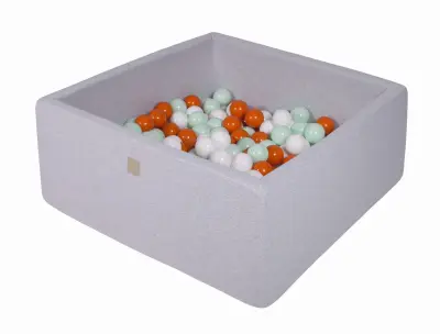 MeowBaby® Square Ball Pool, 90x90x40 cm z 200 žogami, bombaž, svetlo siva: oranžna/bela/mint