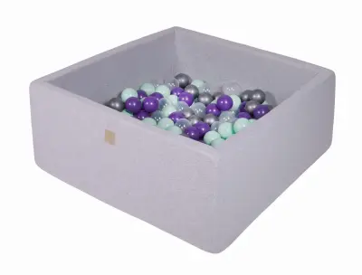 MeowBaby® Square Ball Pool, 90x90x40 cm z 200 žogicami, bombaž, svetlo siva: mint/prozorna/srebrna/vijolična