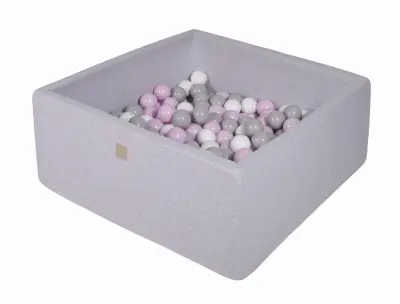 MeowBaby® Square Ball Pool, 90x90x40 cm s 300 žogami, bombaž, svetlo siva: pastelno roza/siva/bela