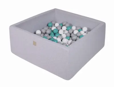 MeowBaby® Square Ball Pool, 90x90x40 cm s 300 žogami, bombaž, svetlo siva: turkizna/siva/bela