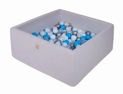 MeowBaby® Square Ball Pool, 90x90x40 cm z 200 žogami, bombaž, svetlo siva: modra/prozorna/srebrna