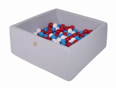 MeowBaby® Square Ball Pool, 90x90x40 cm s 300 žogami, bombaž, svetlo siva: rdeča/bela/modra