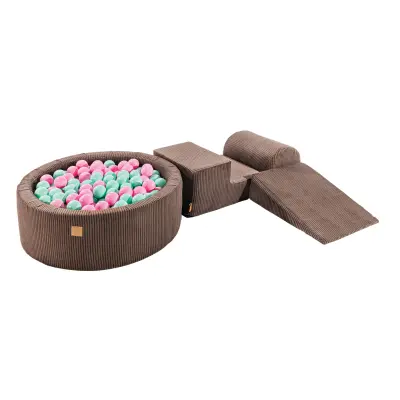 MeowBaby® Foam Playground 3-delni penasti igralni komplet z okroglim bazenom, 200 žog, estetski, Velvet, rjava: pastelno roza/mint