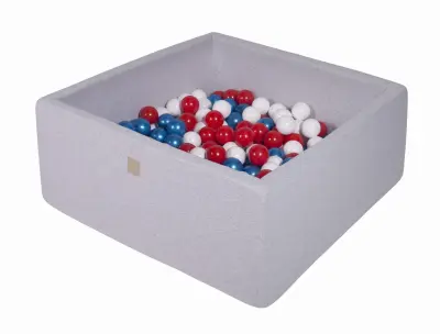 MeowBaby® Square Ball Pool, 90x90x40 cm s 300 žogami, bombaž, svetlo siva: biserno modra/bela/rdeča
