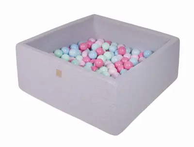 MeowBaby® Square Ball Pool, 90x90x40 cm s 300 žogami, bombaž, svetlo siva: modra/mint/svetlo roza/pastelno roza