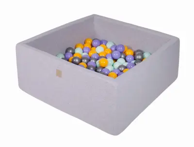 MeowBaby® Square Ball Pool, 90x90x40 cm s 300 žogami, bombaž, svetlo siva: Heather/Yellow/Mint/Silver