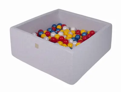 MeowBaby® Square Ball Pool, 90x90x40 cm z 200 žogicami, bombaž, svetlo siva: rdeča/rumena/biserno/biserno modra