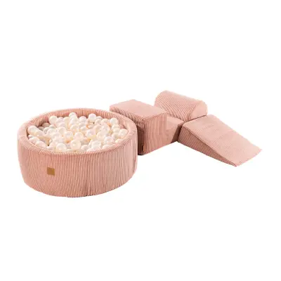 MeowBaby® Foam Playground 3-delni komplet za igranje iz pene z okroglim bazenom, 200 žog, estetsko, Velvet, roza: biserno bela