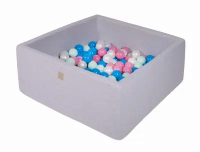 MeowBaby® Square Ball Pool, 90x90x40 cm s 300 žogicami, bombaž, svetlo siva: modra/biserna/svetlo roza/mint