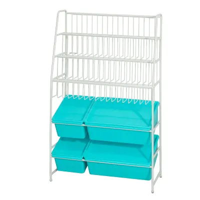 Bela polica za igrače Otroška knjižna omara 4 škatle v modri barvi