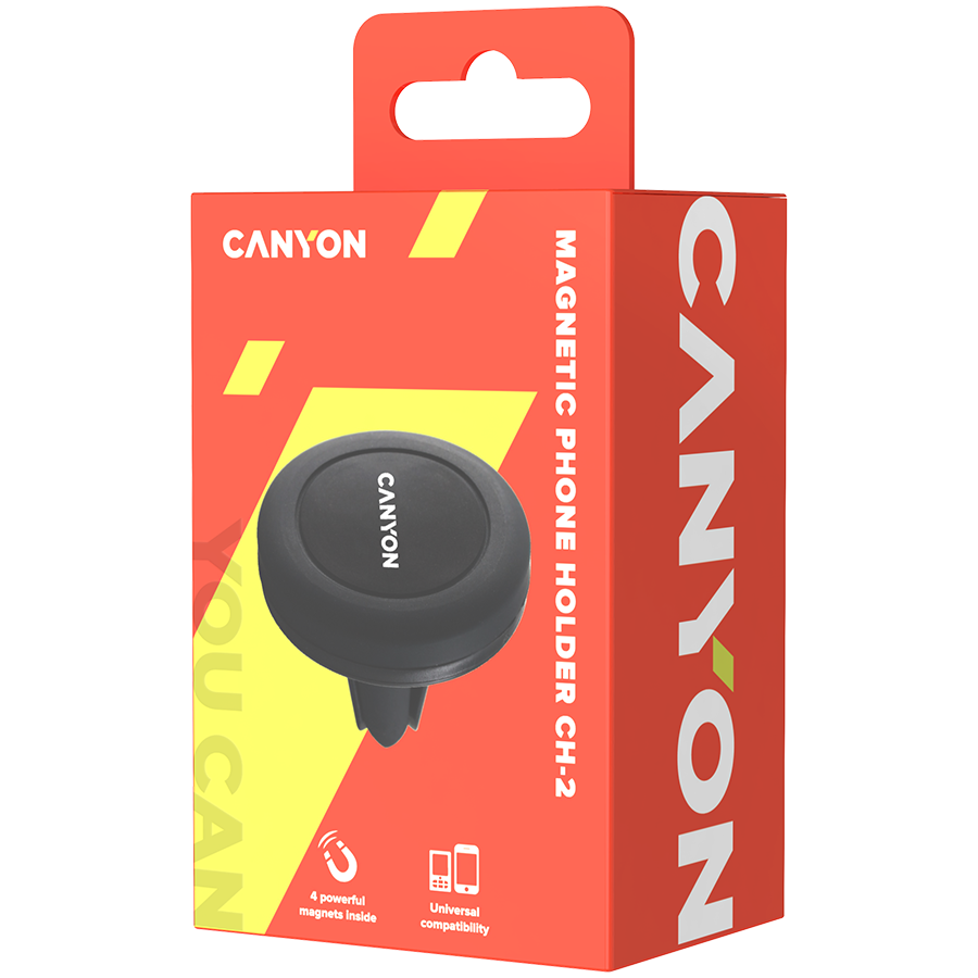 Canyon CH-2 Car Holder for Smartphones, magnetic suction function, with 2 plates(rectangle/circle), black, 44*44*40mm 0.035kg