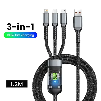 3 v 1 Flash USB-A Micro Lightning Type-C 100 W podatkovni kabel za hitro polnjenje