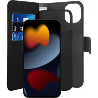 PURO, Ohišje v obliki školjke za iPhone 13 Mini Folio 2 v 1 z magnetnim ovitkom in držalom za kartice, ?rna
