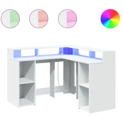 vidaXL Pisalna miza z LED lučkami bela 130x130x91 cm inženirski les