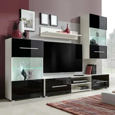 The Living Store 5-Delni komplet pohištva TV enota in LED osvetlitev črne barve - Viseča Omarica