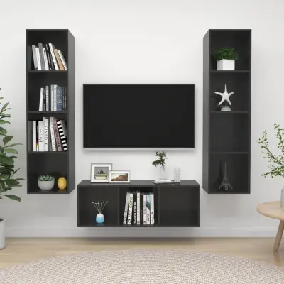 The Living Store Komplet TV omaric 3-delni visok sijaj siva iverna plošča - Komplet TV Omaric