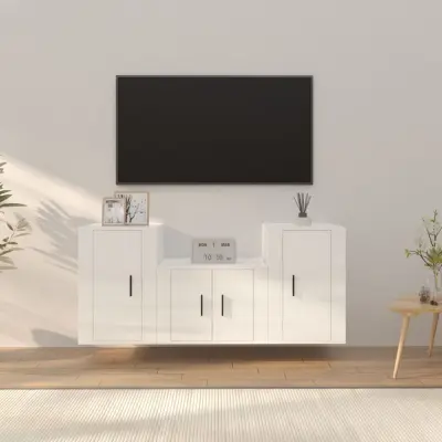 The Living Store Komplet TV omaric 3-delni visok sijaj bel inženirski les - Komplet TV Omaric