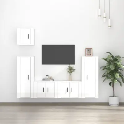 The Living Store Komplet TV omaric 5-delni visok sijaj bel inženirski les - Komplet TV Omaric
