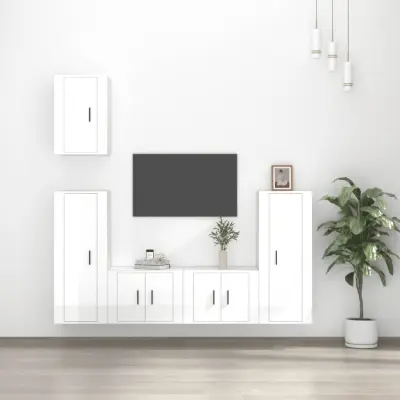 The Living Store Komplet TV omaric 5-delni visok sijaj bel inženirski les - Komplet TV Omaric