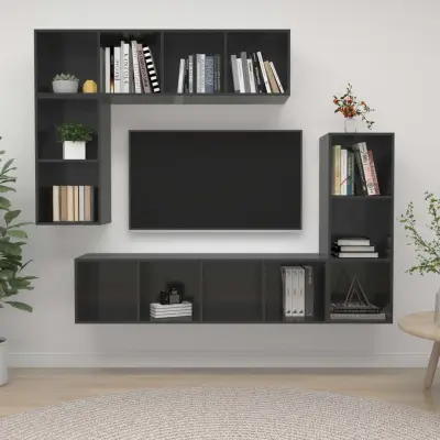The Living Store Komplet TV omaric 4-delni visok sijaj siva iverna plošča - Komplet TV Omaric
