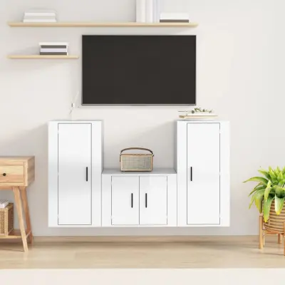 The Living Store Komplet TV omaric 3-delni visok sijaj bel inženirski les - Komplet TV Omaric