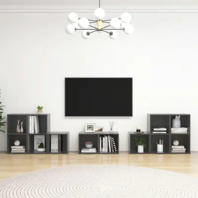 The Living Store Komplet TV omaric 8-delni visok sijaj siva iverna plošča - Komplet TV Omaric