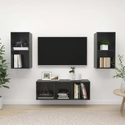 The Living Store Komplet TV omaric 3-delni visok sijaj siva iverna plošča - Komplet TV Omaric