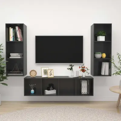 The Living Store Komplet TV omaric 3-delni visok sijaj siva iverna plošča - Komplet TV Omaric