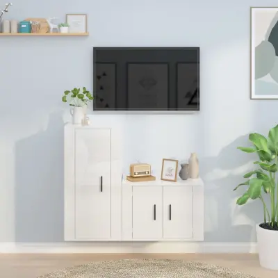 The Living Store Komplet TV omaric 2-delni visok sijaj bel inženirski les - Komplet TV Omaric