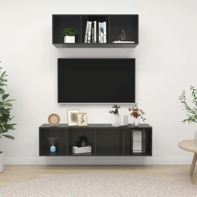 The Living Store Komplet TV omaric 2-delni visok sijaj siva iverna plošča - Komplet TV Omaric