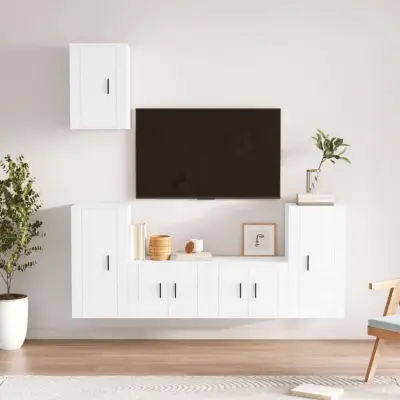 The Living Store Komplet TV omaric 5-delni visok sijaj bel inženirski les - Komplet TV Omaric