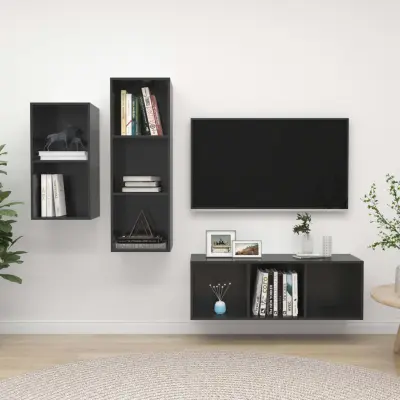 The Living Store Komplet TV omaric 3-delni visok sijaj siva iverna plošča - Komplet TV Omaric