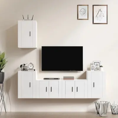 The Living Store Komplet TV omaric 5-delni visok sijaj bel inženirski les - Komplet TV Omaric