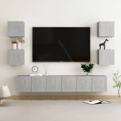 The Living Store Komplet TV omaric 7-delni betonsko siva iverna plošča - TV Omarica