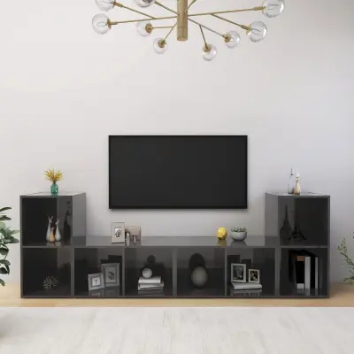 The Living Store TV omarice 4 kosi visok sijaj sive 72x35x36,5 cm iverna plošča - TV Omarica