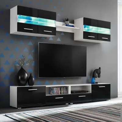 The Living Store Stenska TV enota 5-delna z LED osvetlitvijo visok sijaj črna - Stenska TV Enota