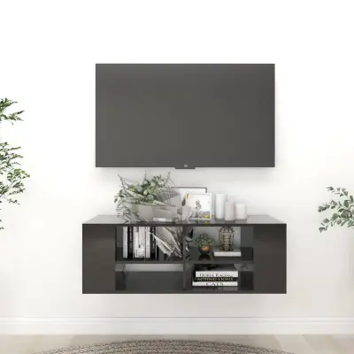 The Living Store Stenska TV omarica visok sijaj črna 102x35x35 cm iverna plošča - TV Omarica