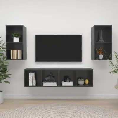 The Living Store Stenska TV omarica 4 kosi visok sijaj siva iverna plošča - TV Omarica