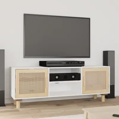The Living Store TV omarica bela 105x30x40 cm trdna borovina in naravni ratan - TV Omarica